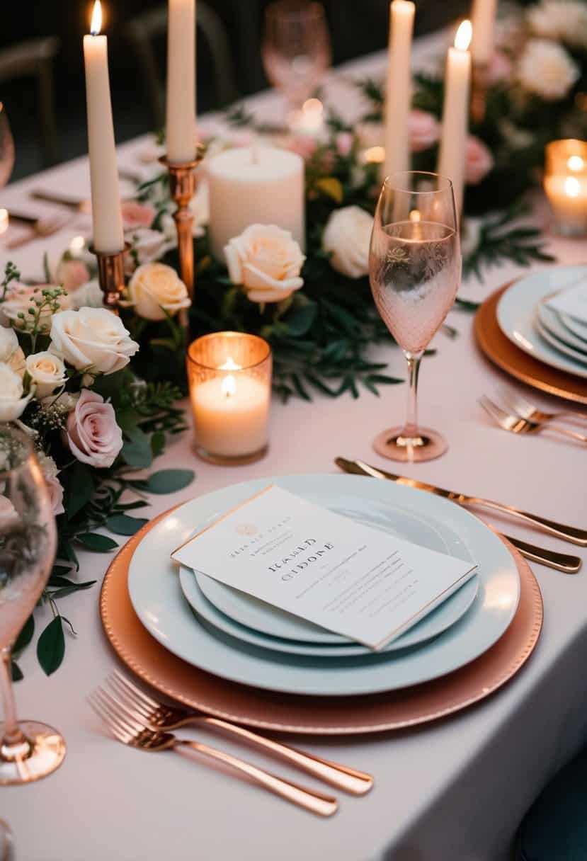 A table set with rose gold cutlery, delicate floral arrangements, and soft candlelight, creating an elegant and romantic wedding reception ambiance