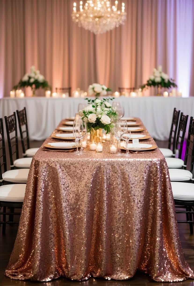 A rectangular table with a rose gold sequin tablecloth, set for a wedding reception with elegant decor and centerpieces