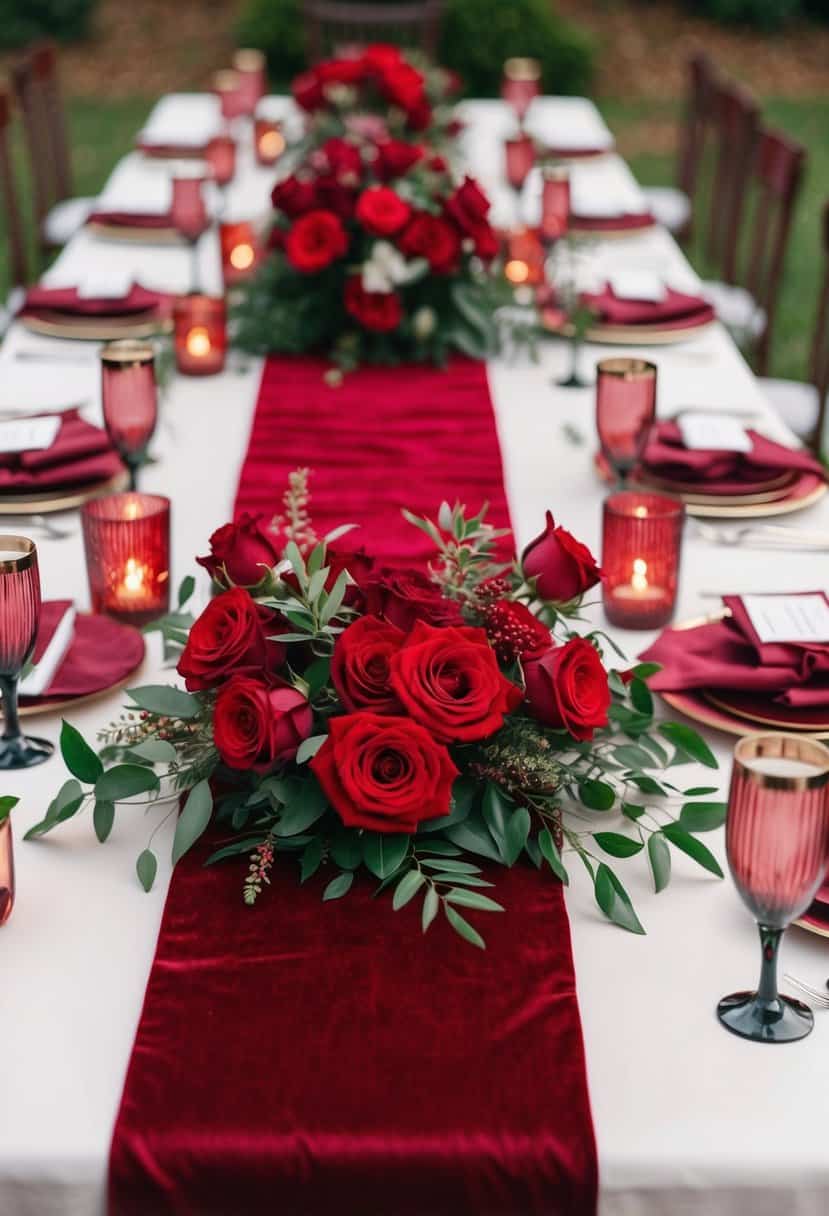 A long crimson velvet table runner adorned with vibrant red roses and greenery, set on a beautifully decorated wedding table