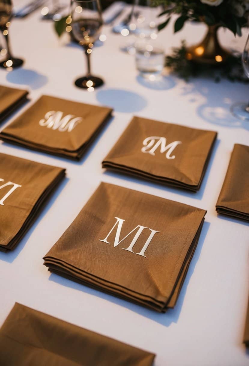 Rectangular napkins with monogrammed initials arranged on a wedding reception table
