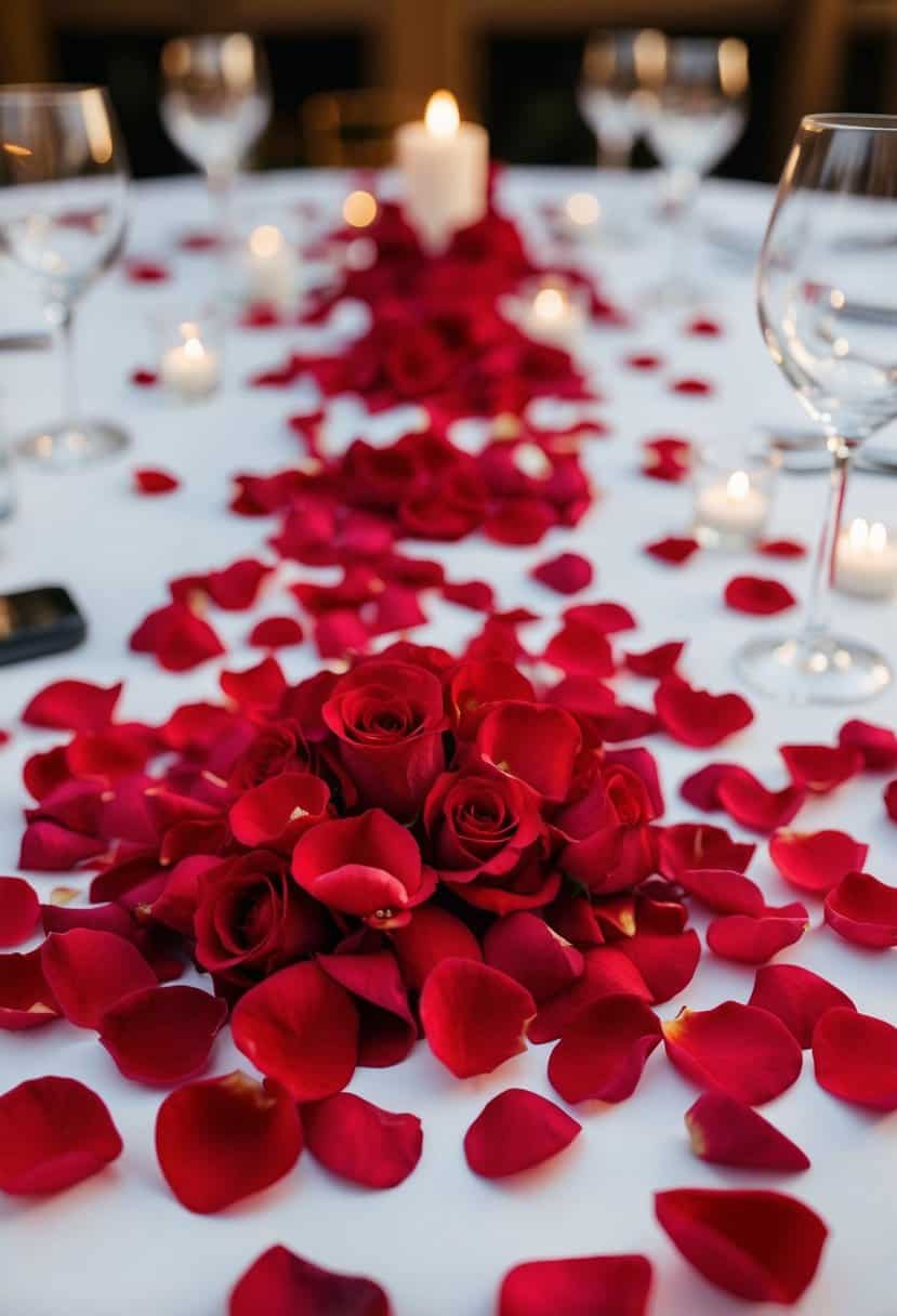 Red rose petals scattered on a wedding table, forming centerpieces