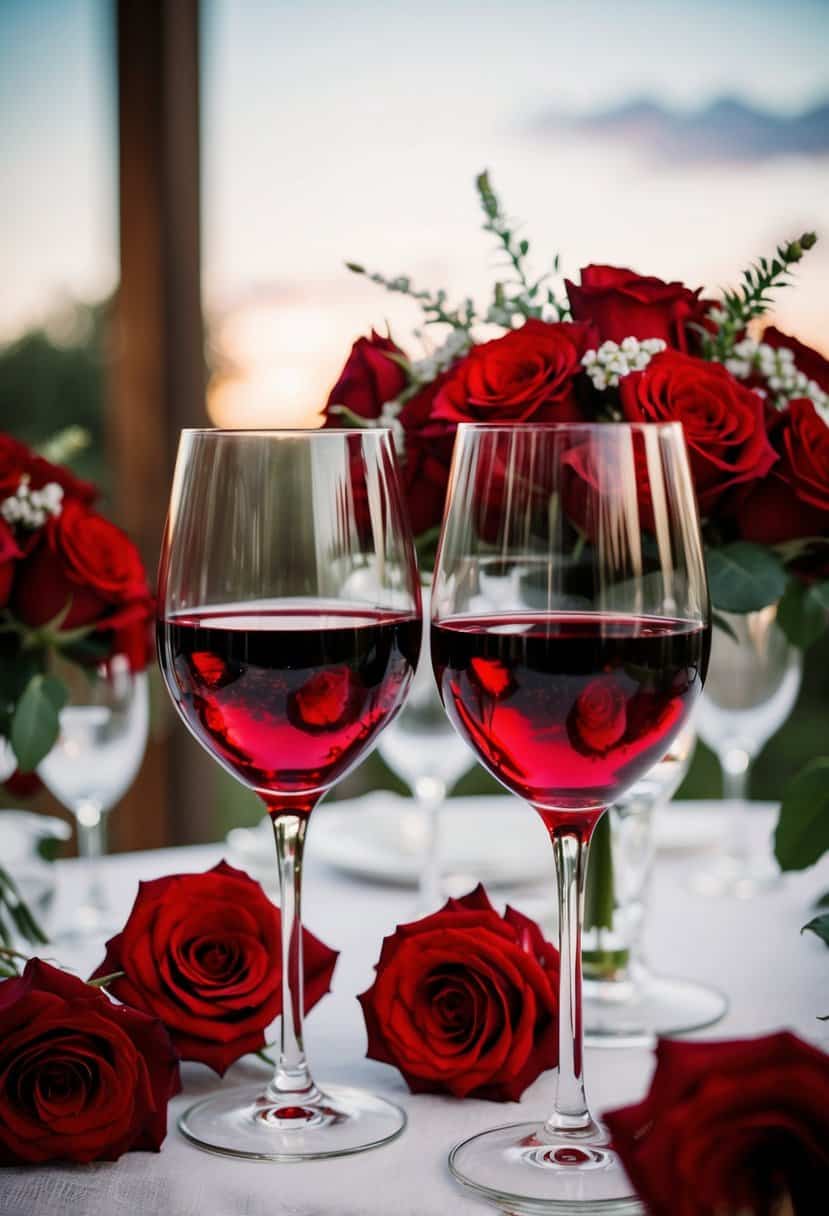 Two ruby red wine goblets sit on a table adorned with red roses, creating a romantic wedding centerpiece