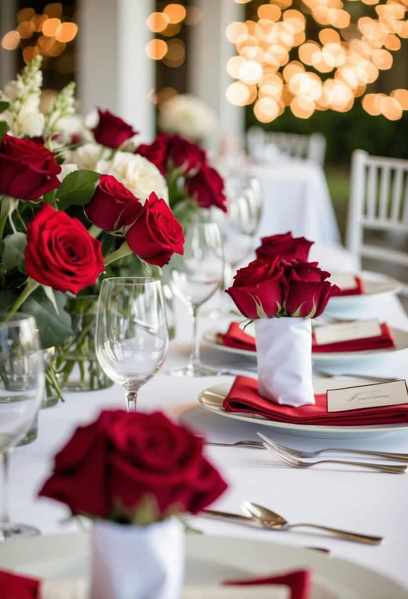 A table set with white linens, adorned with scarlet napkin rings holding red roses as wedding decorations