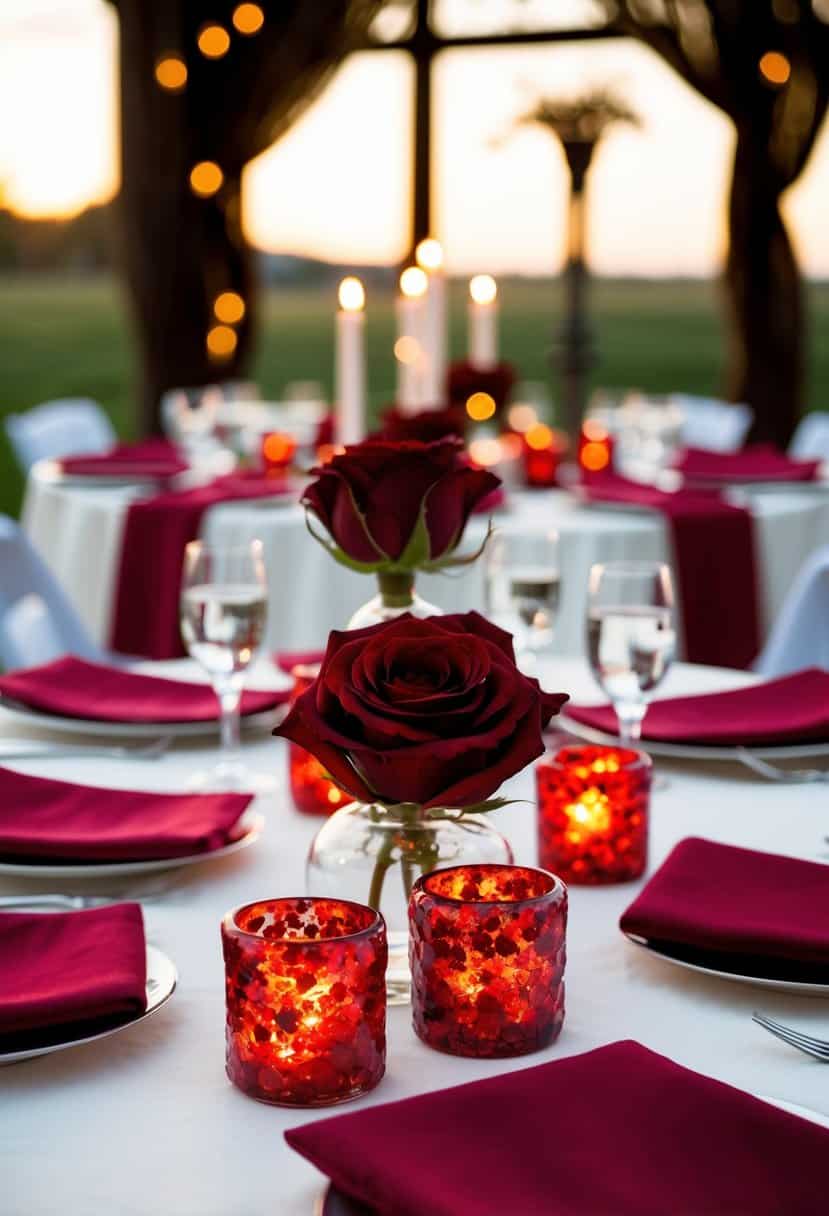 A table set with red rose garnet flake candle holders for a wedding centerpiece