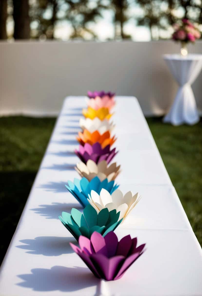 A rectangular table adorned with handmade paper flowers in various colors, serving as a wedding table decoration