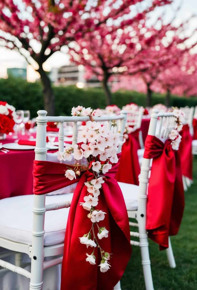 Cherry blossom chair sashes draped over chairs at a red rose wedding table