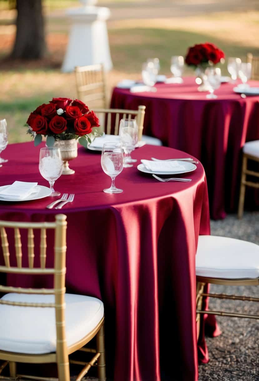 Burgundy satin tablecloths draped with red roses as wedding table decorations