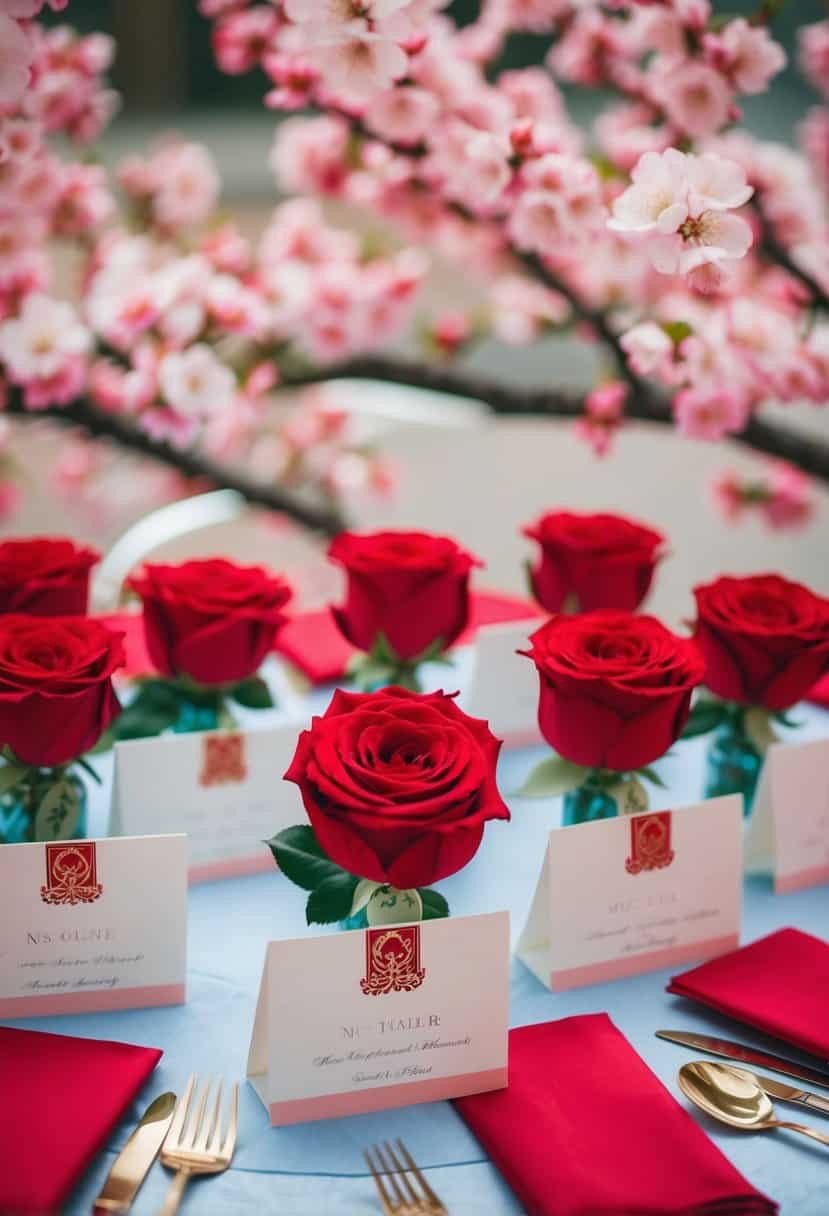 A table adorned with red rose escort cards and plum blossom decorations