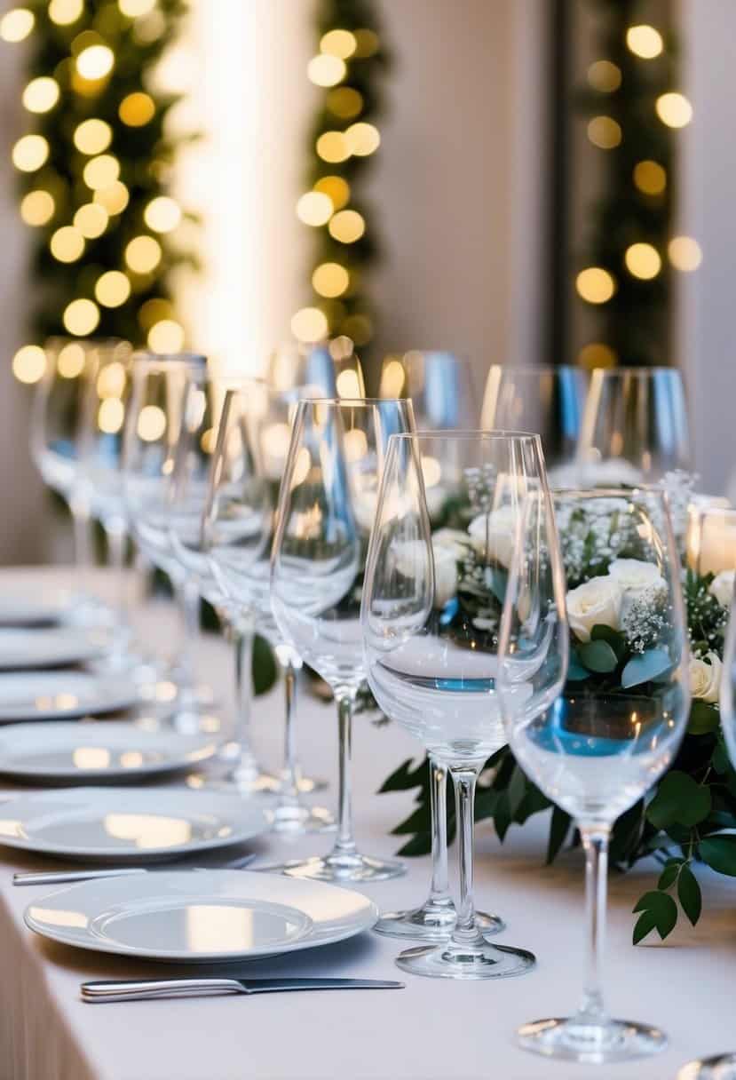 Crystal wine glasses arranged on a rectangular wedding table, reflecting soft light and creating an elegant and luxurious atmosphere