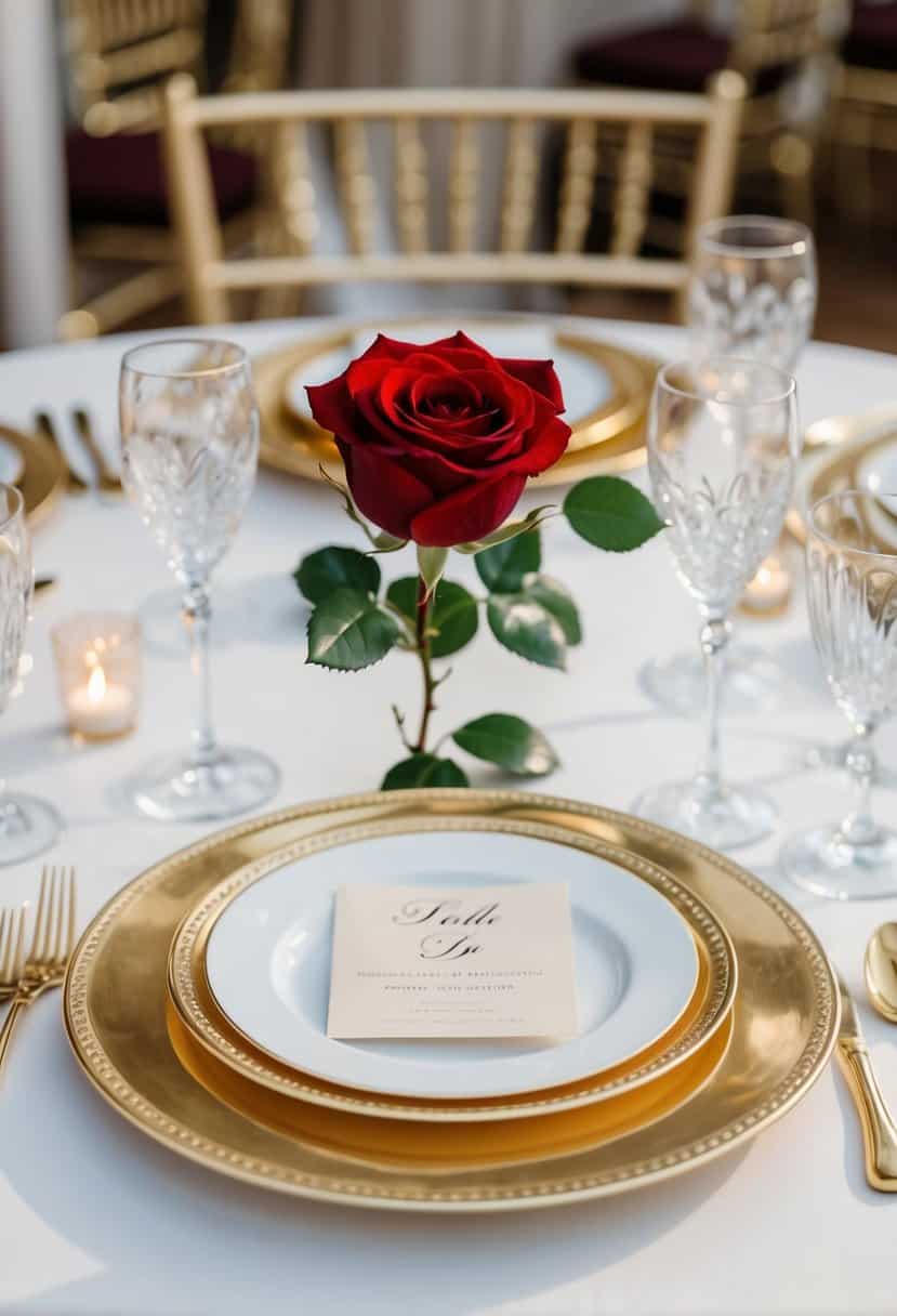 A red rose rests on a table set with elegant gold cutlery, creating a romantic wedding decoration