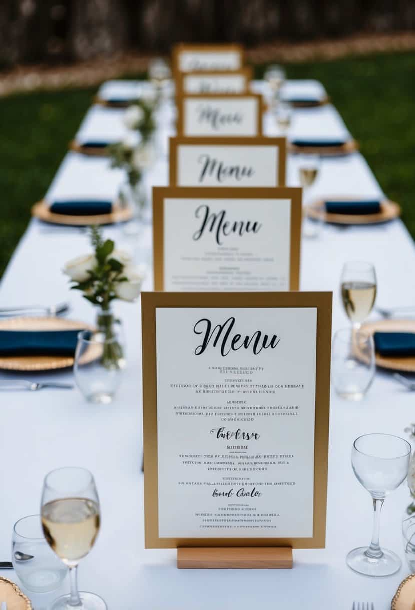 A collection of hand-painted menu cards displayed on rectangular wedding tables, serving as unique and elegant decorations