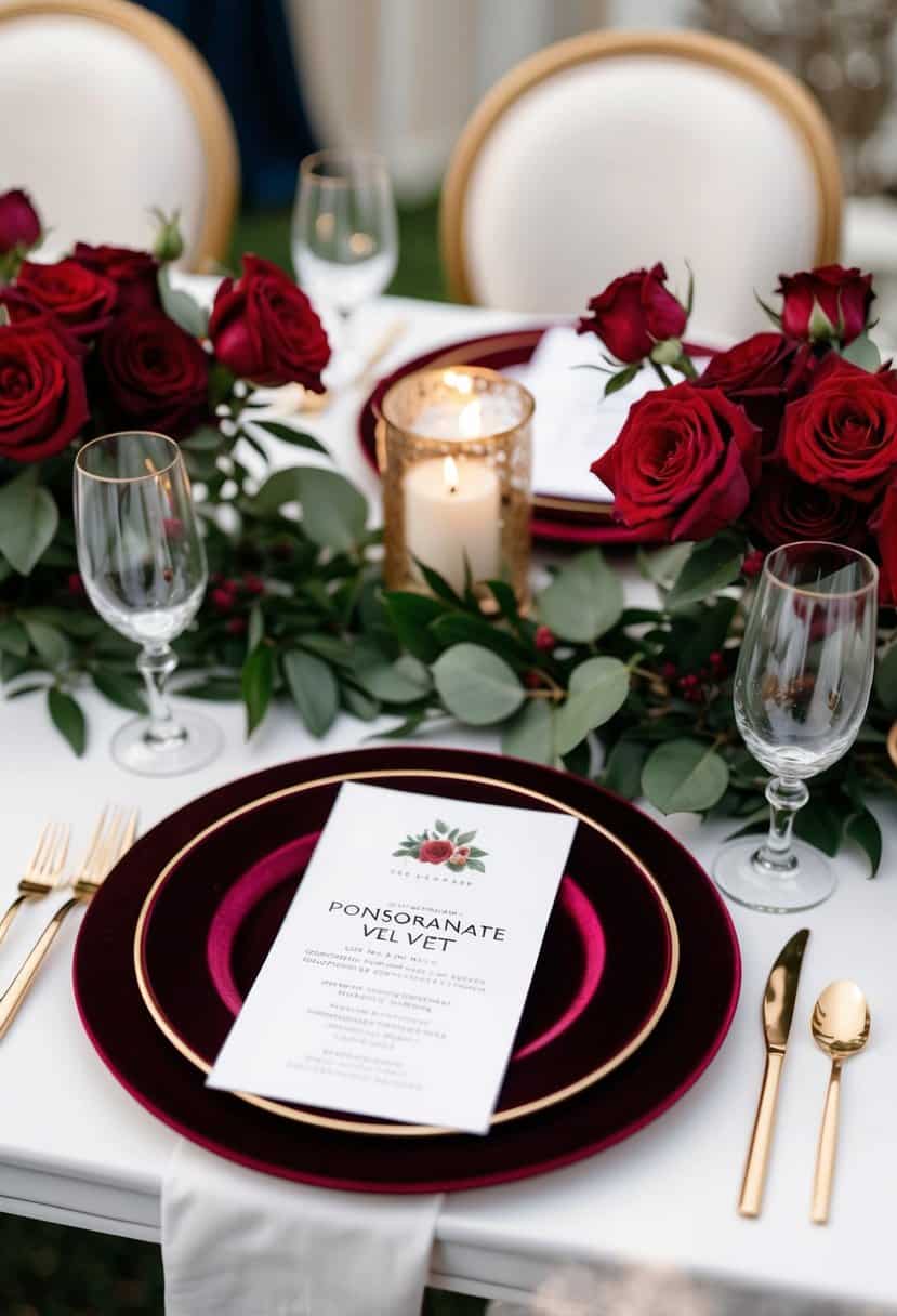 A table set with pomegranate velvet chargers, red roses, and elegant wedding decorations