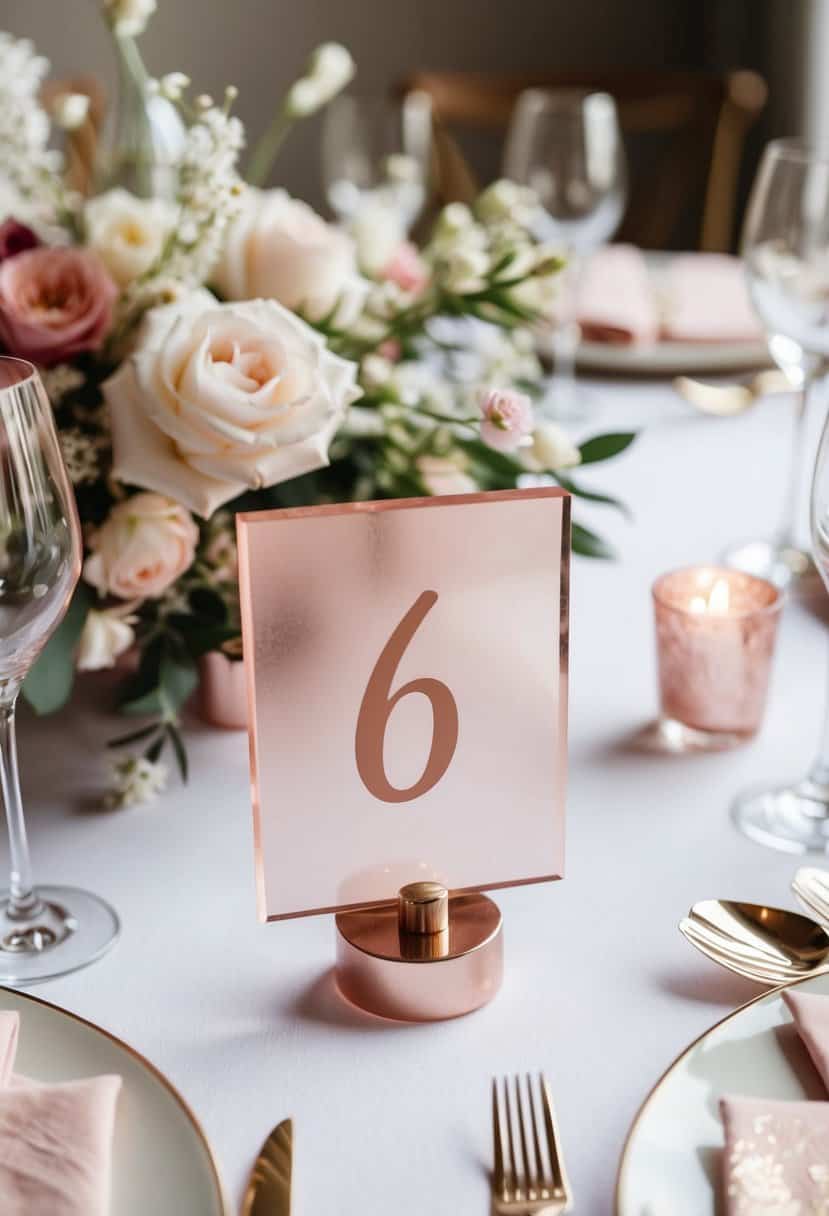 A table set with rose quartz table numbers, surrounded by delicate floral wedding decorations