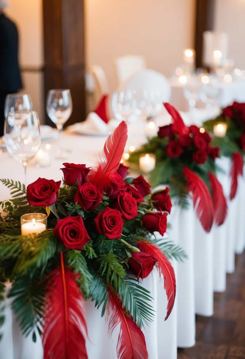 A table adorned with red rose floral swags, accented with cardinal feathers for a wedding decoration