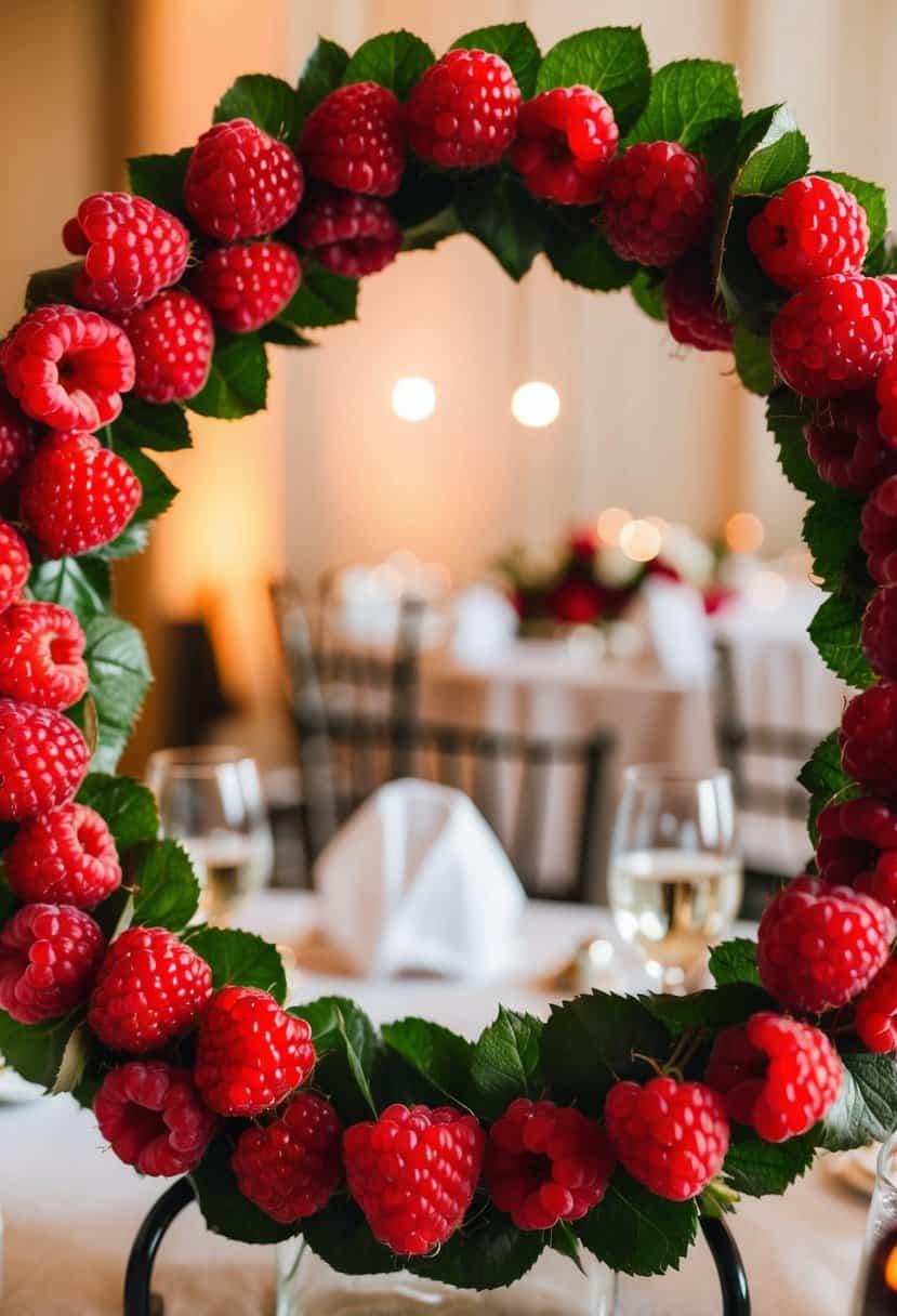A circular wreath of fresh raspberries and red roses, serving as a centerpiece on a wedding reception table