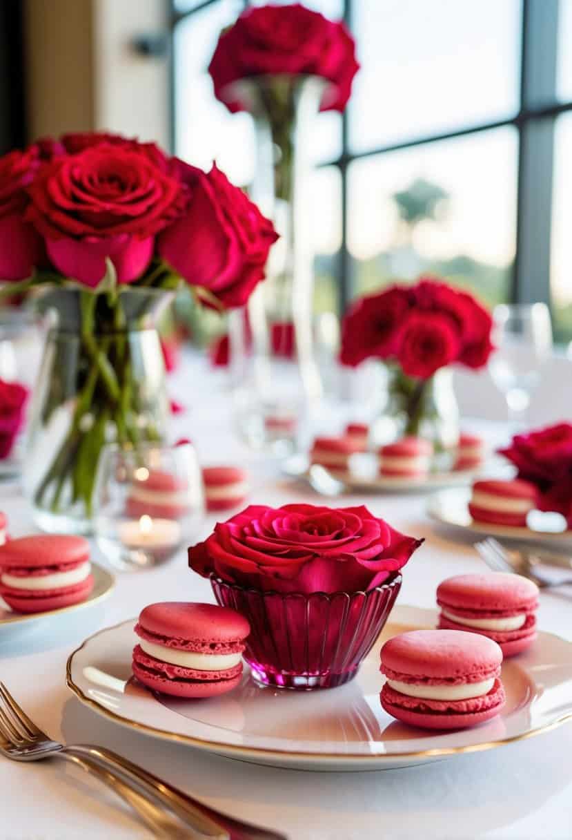 A table set with red rose centerpieces and magenta macaron favors