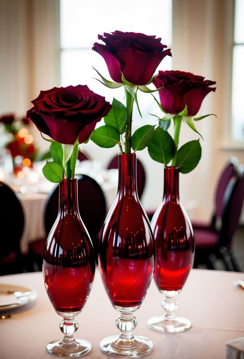 Three maroon flower vases with red roses arranged on a wedding table