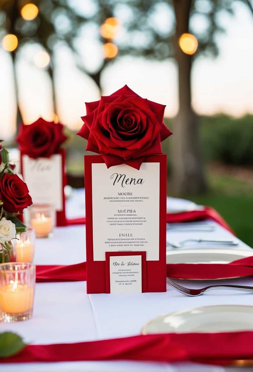 A table set with red rose sangria ribbon menu holders for a wedding