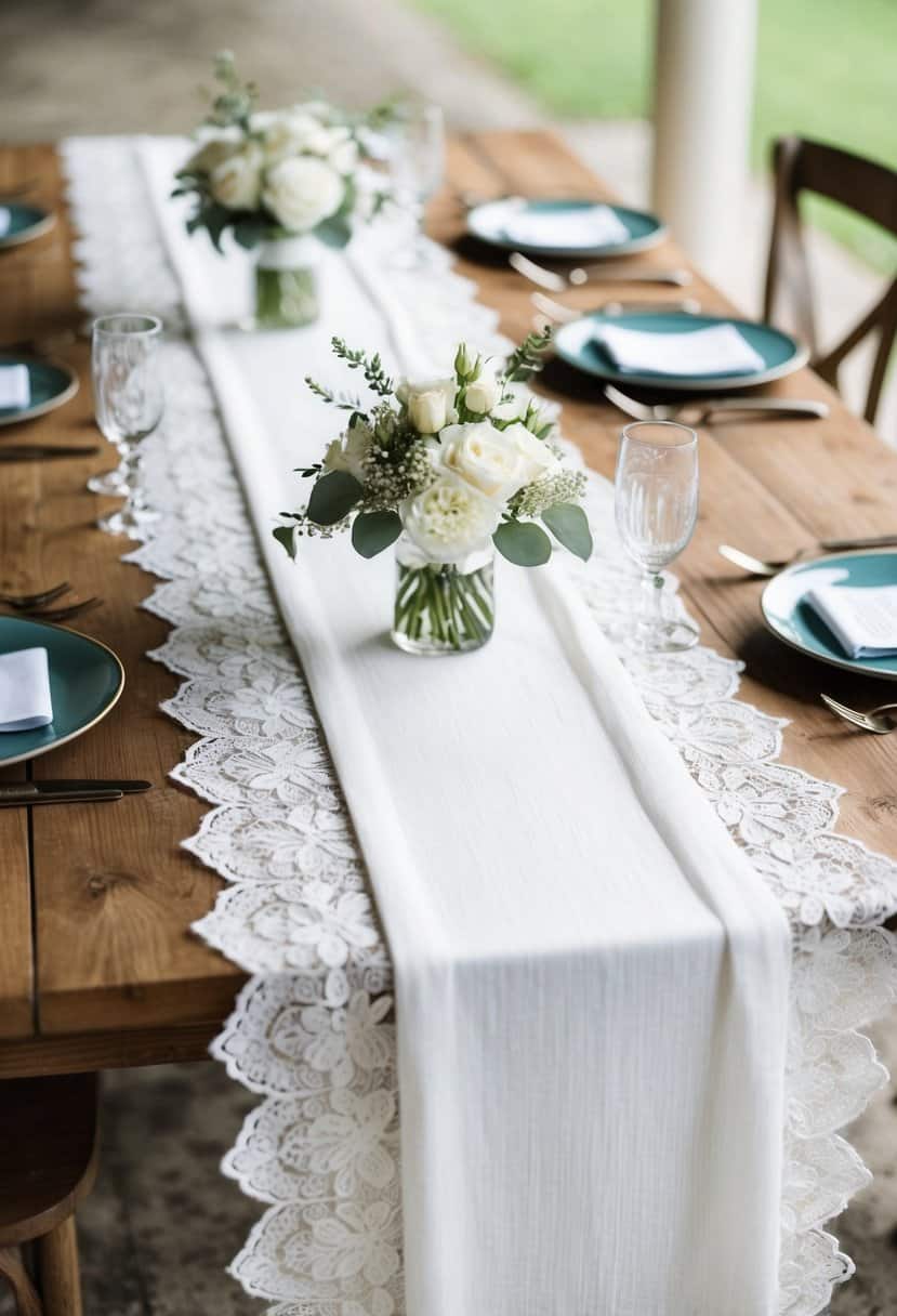 A white linen table runner adorned with delicate lace, draped across a rustic wooden wedding table
