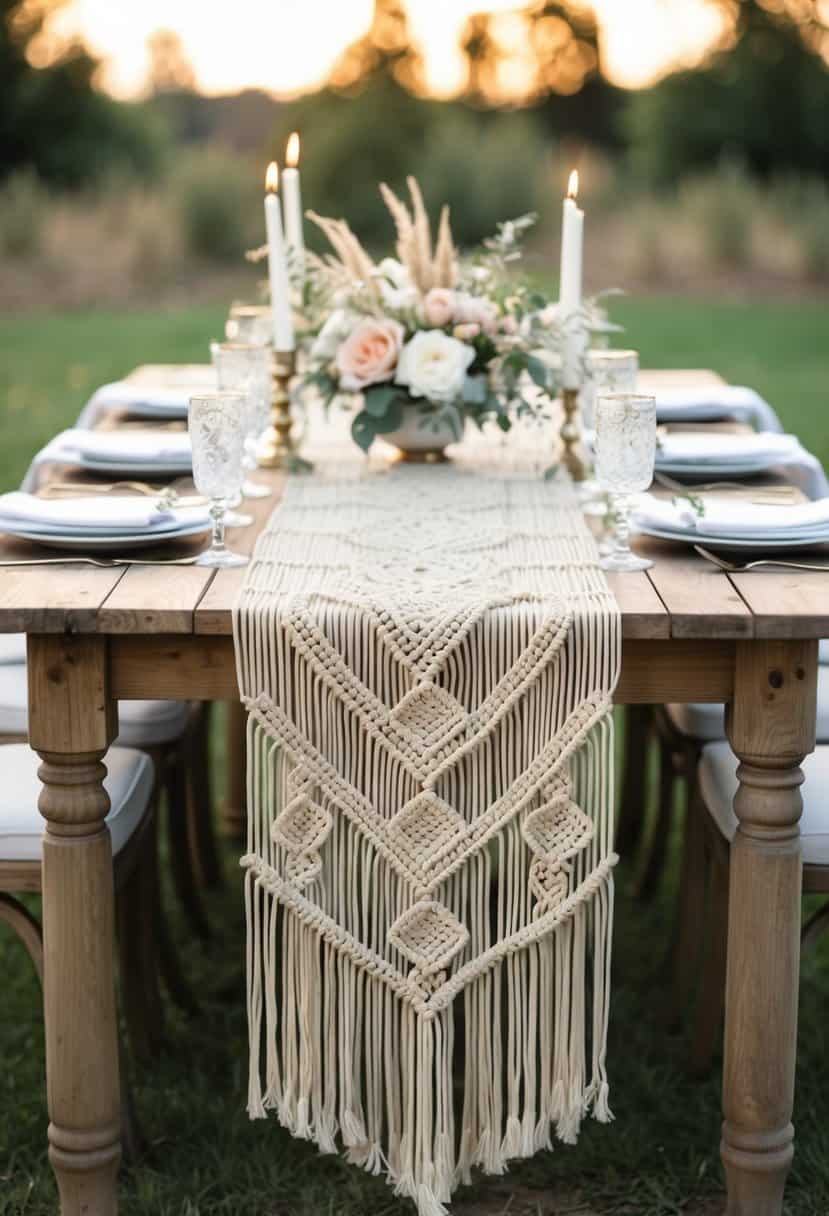 A bohemian macrame runner drapes across a rustic wooden wedding table, adorned with delicate flowers and candles