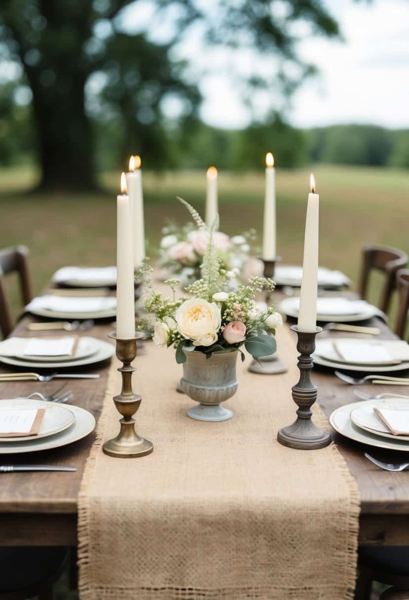 A rustic table set with vintage burlap runner, adorned with delicate floral centerpieces and antique candle holders