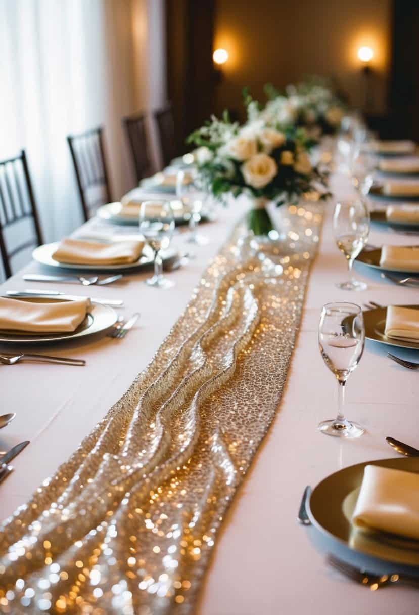 A long, shimmering silk runner cascades down the center of a wedding table, catching the light and adding a touch of glamour to the elegant setting