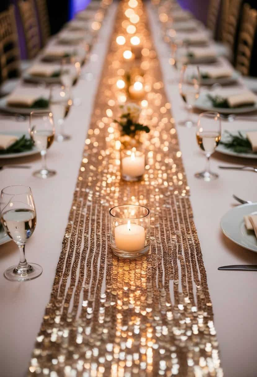 A long, shimmering table runner adorned with sparkling sequins, reflecting the light and adding a touch of glamour to a wedding reception table