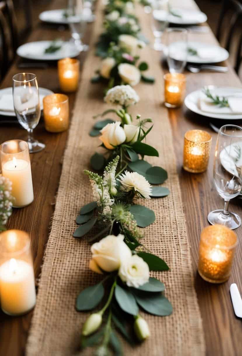 A rustic jute runner adorns a wedding table, complemented by delicate floral arrangements and flickering candlelight