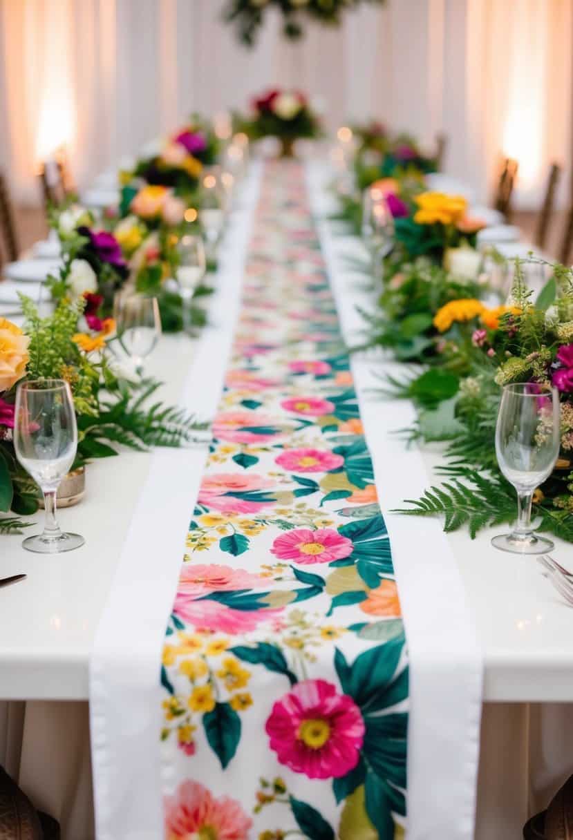A long, floral-printed table runner cascades down a wedding reception table, adorned with vibrant flowers and greenery