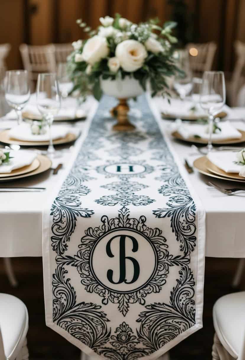 A monogrammed table runner featuring intricate design and personalized initials, adding an elegant touch to a wedding reception table