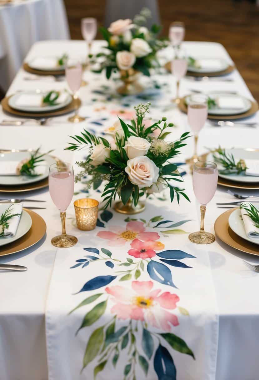 A hand-painted watercolor table runner adorned with delicate floral designs, adding a touch of elegance to a wedding reception decor