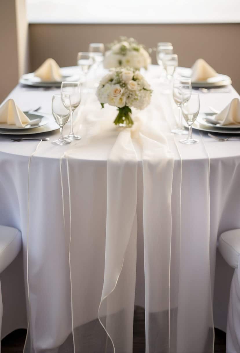 A sheer organza runner drapes elegantly across a wedding table, catching the soft light and adding a touch of romance to the setting