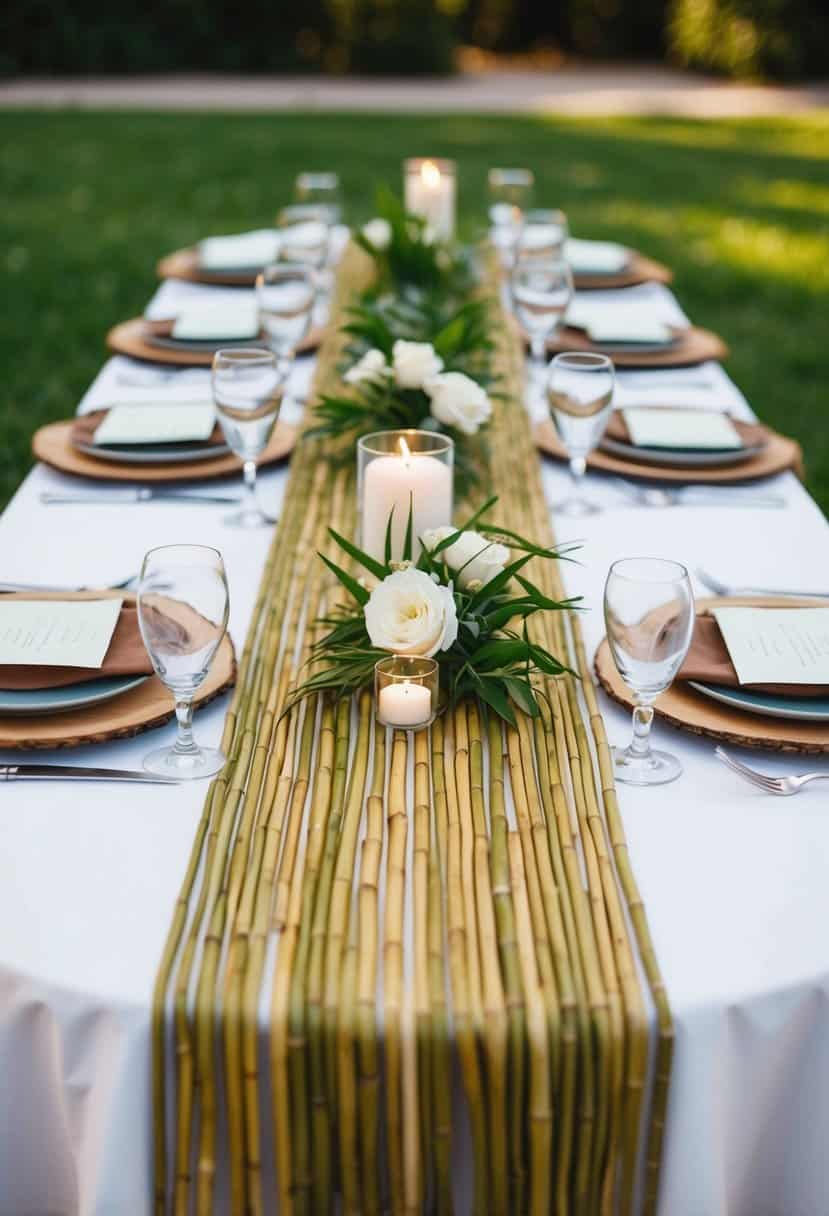 A bamboo fiber eco-friendly runner adorns a wedding table, with natural and elegant decoration ideas