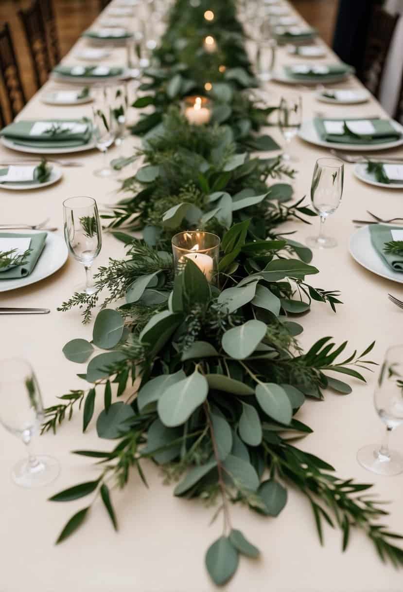 A long, flowing table runner made of sage green foliage and greenery, cascading down the center of a wedding reception table