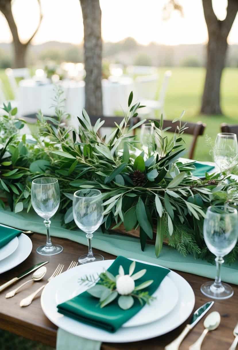 A table set with sage green centerpieces made of olive branches and other foliage, creating a natural and elegant wedding decor