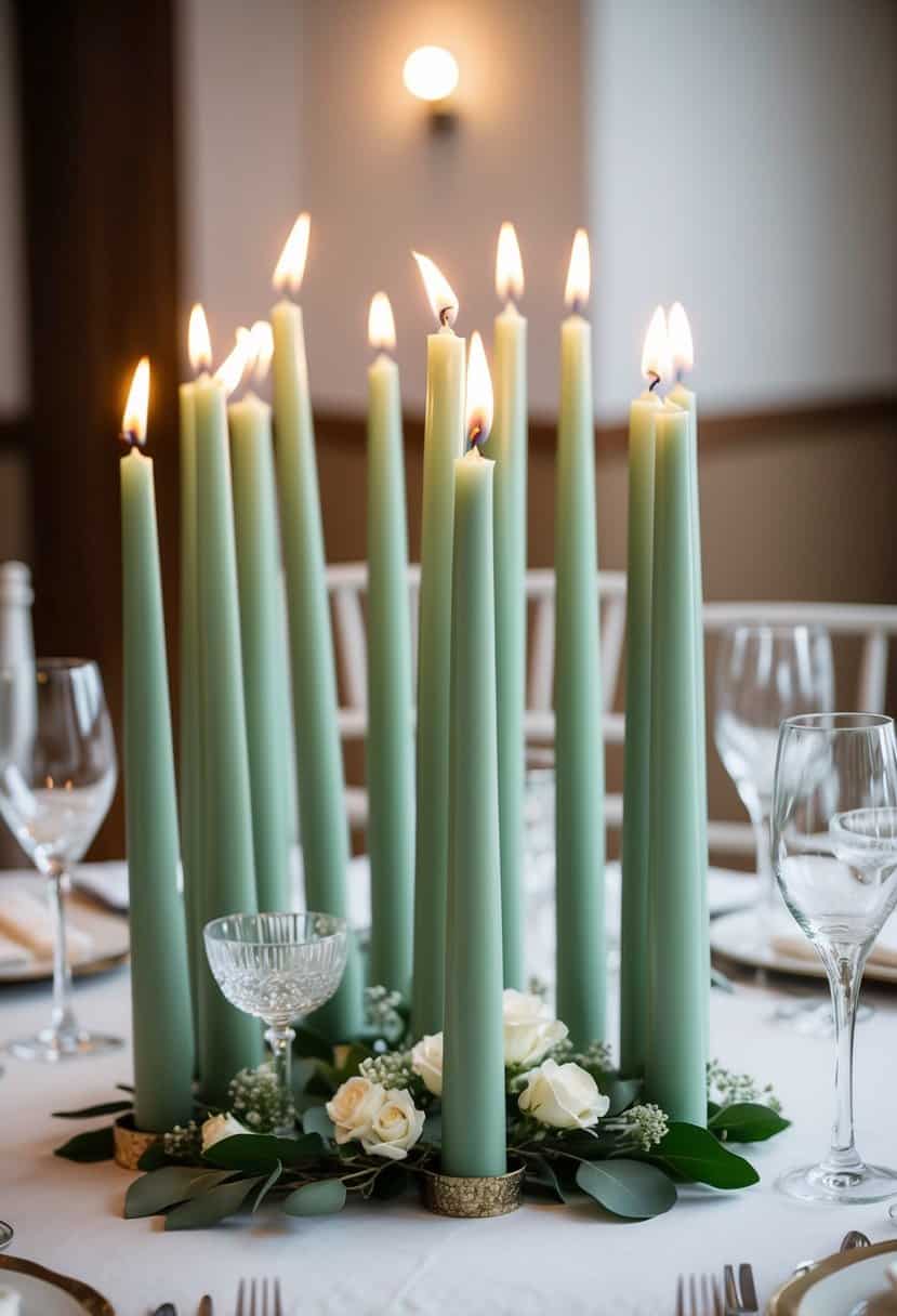 Sage green taper candles arranged in clusters as wedding table decorations