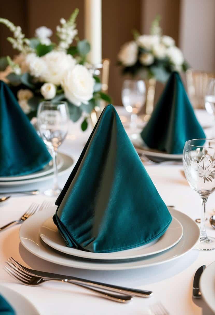 Sage green velvet napkins neatly folded on a wedding reception table, surrounded by elegant place settings and floral centerpieces