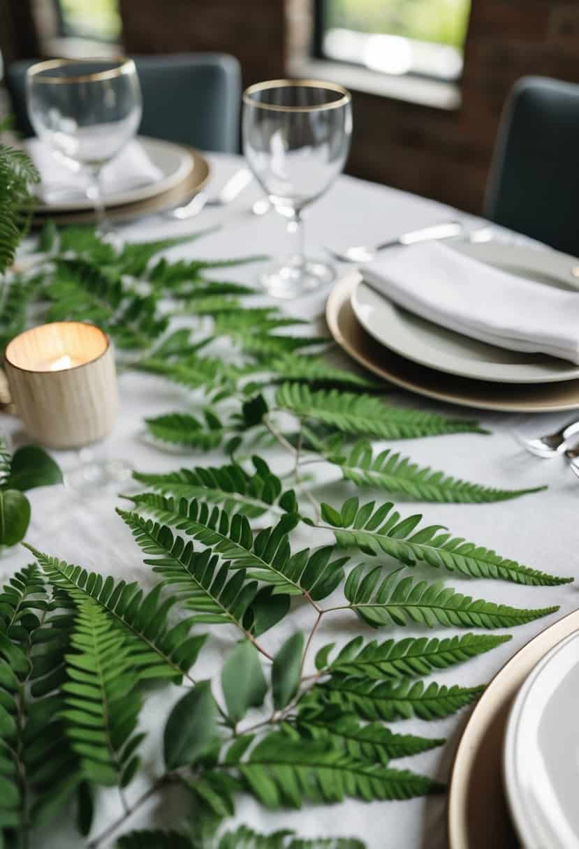 Sage green fern leaves scattered among table settings