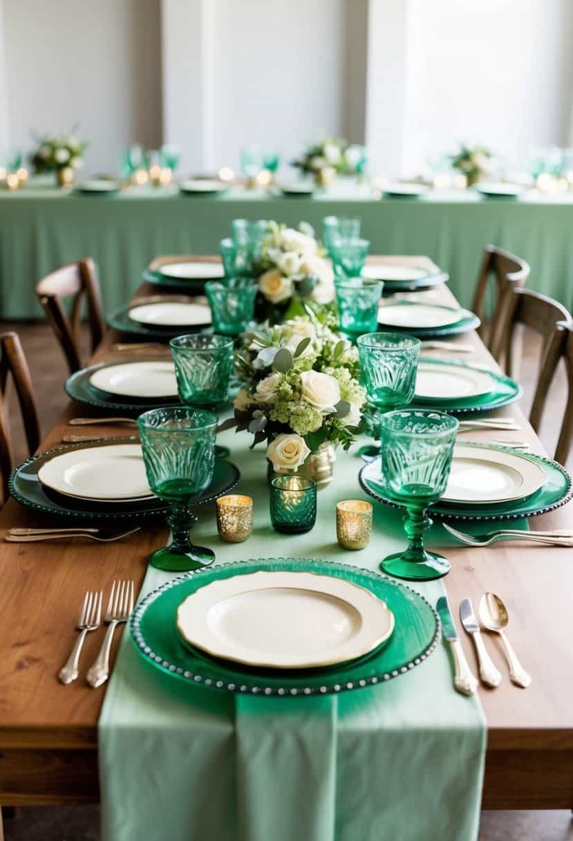 A table set with vintage green glassware, surrounded by sage green wedding decor