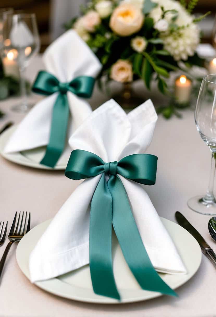 Sage green ribbon napkin ties elegantly wrapped around white linen napkins on a wedding reception table adorned with delicate floral centerpieces
