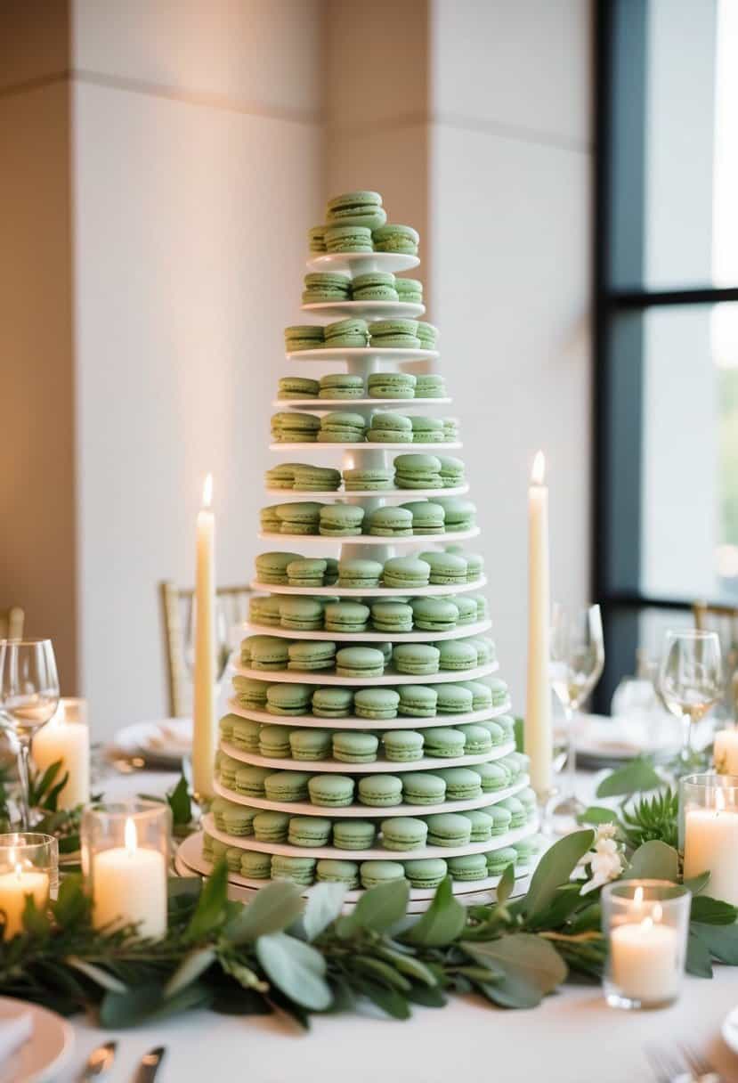 A tall tower of sage green macarons sits as a centerpiece on a wedding table, surrounded by delicate foliage and soft candlelight