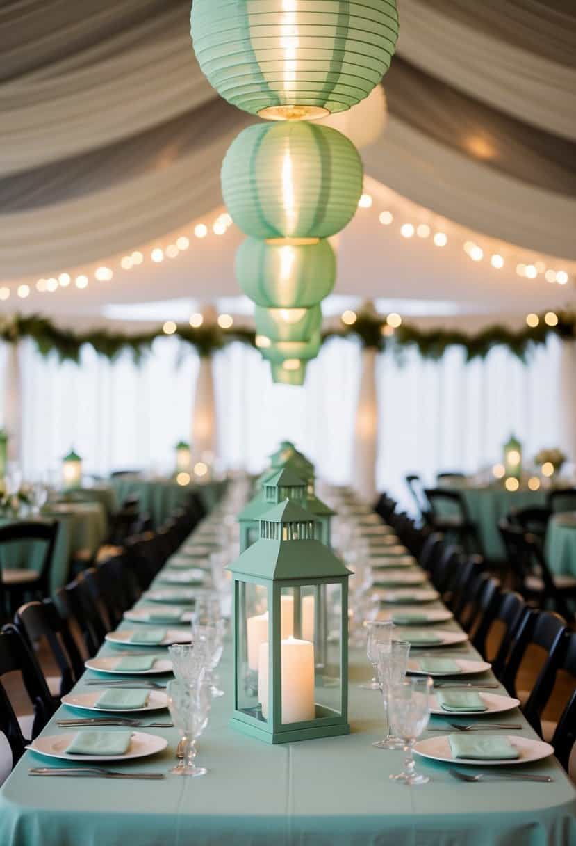 Sage green lanterns casting a soft glow over a wedding table adorned with muted green decorations
