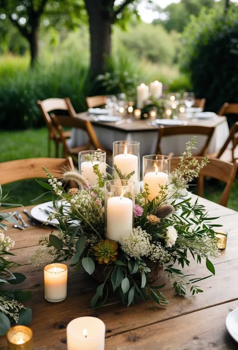 A square wooden table adorned with rustic centerpieces of wildflowers, candles, and greenery, creating a charming wedding decoration