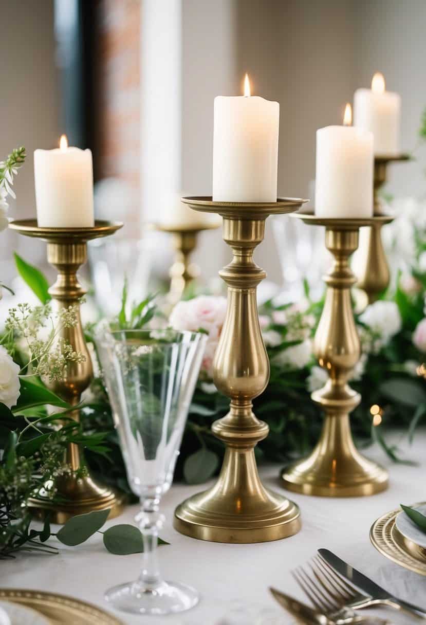 A table set with vintage brass candle holders, adorned with delicate spring flowers and greenery for a romantic wedding atmosphere