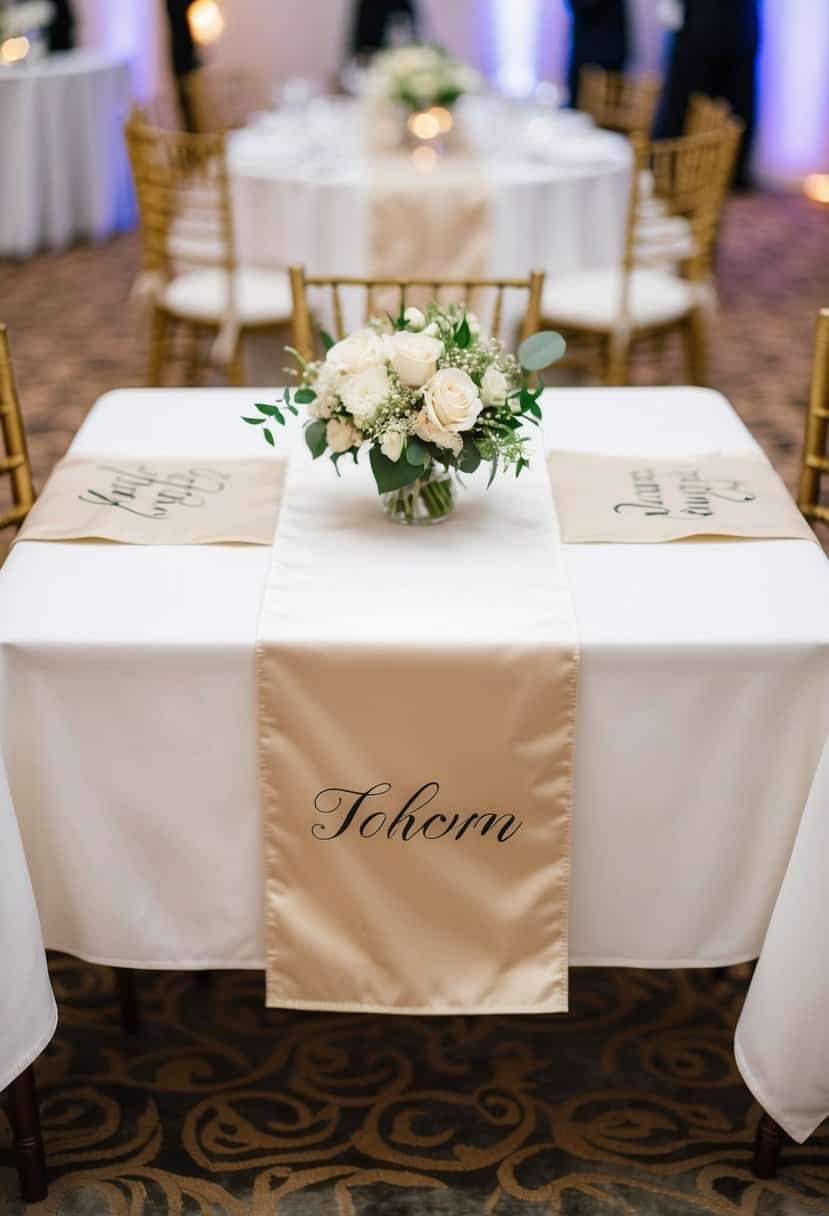 A square table adorned with personalized table runners, adding a touch of elegance to a wedding reception