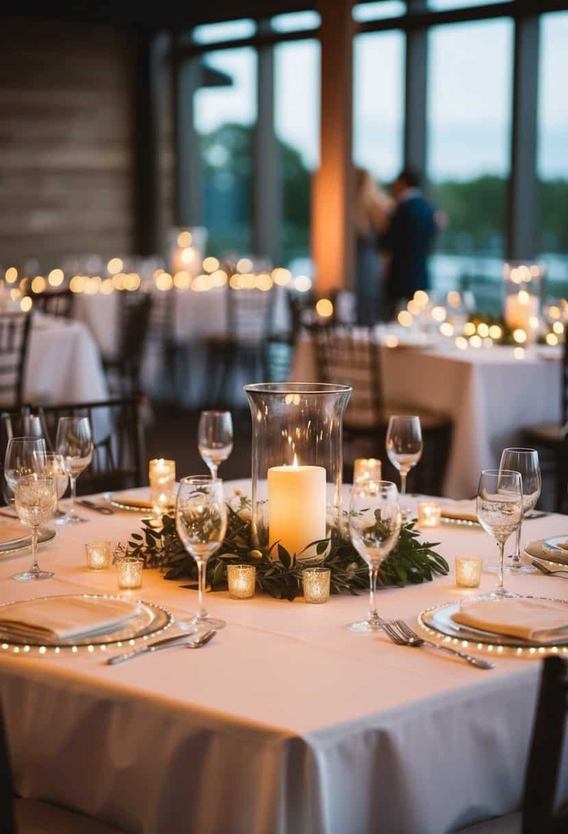 A square table adorned with fairy light garlands for a wedding centerpiece