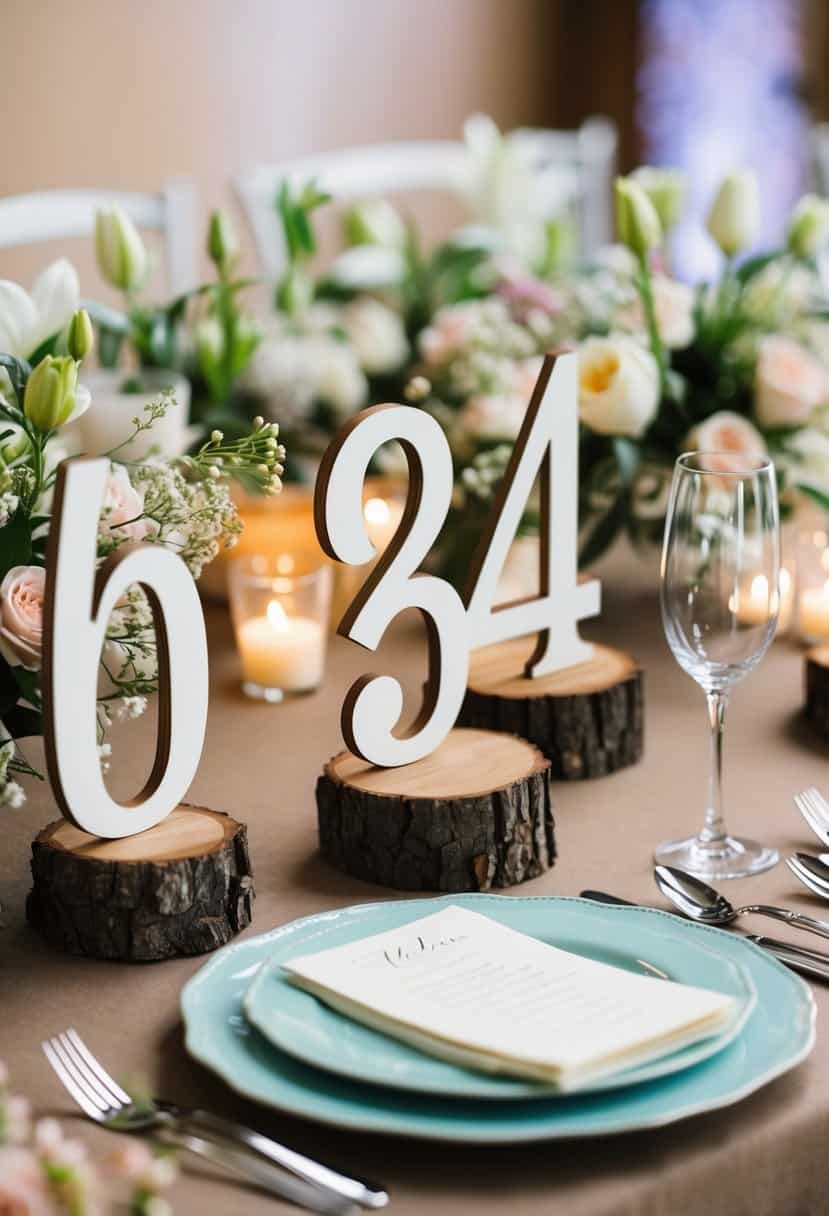 A set of rustic wooden table numbers arranged on a spring-themed wedding table, surrounded by delicate floral centerpieces and soft candlelight
