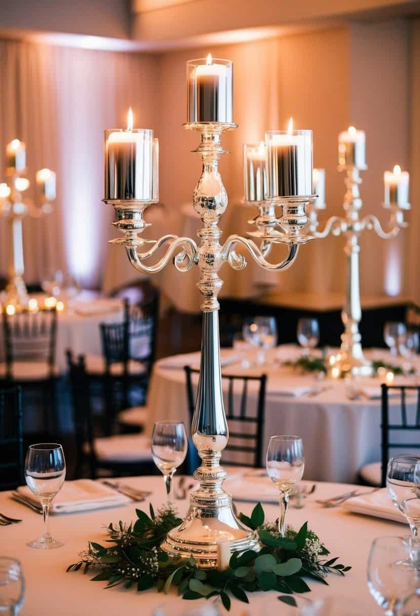 Silver candelabras adorn a square wedding table, casting a warm glow