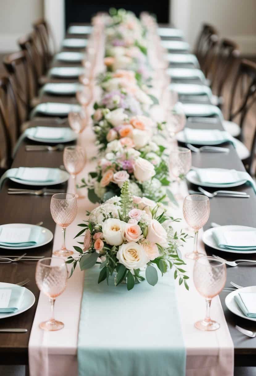 A long table adorned with pastel floral table runners for a spring wedding