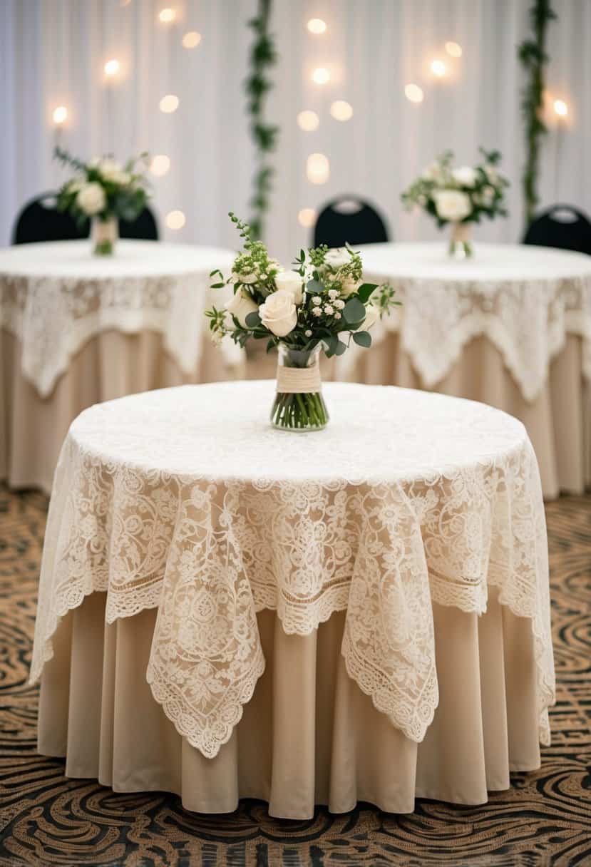 A square table adorned with ivory lace tablecloths for a wedding decoration